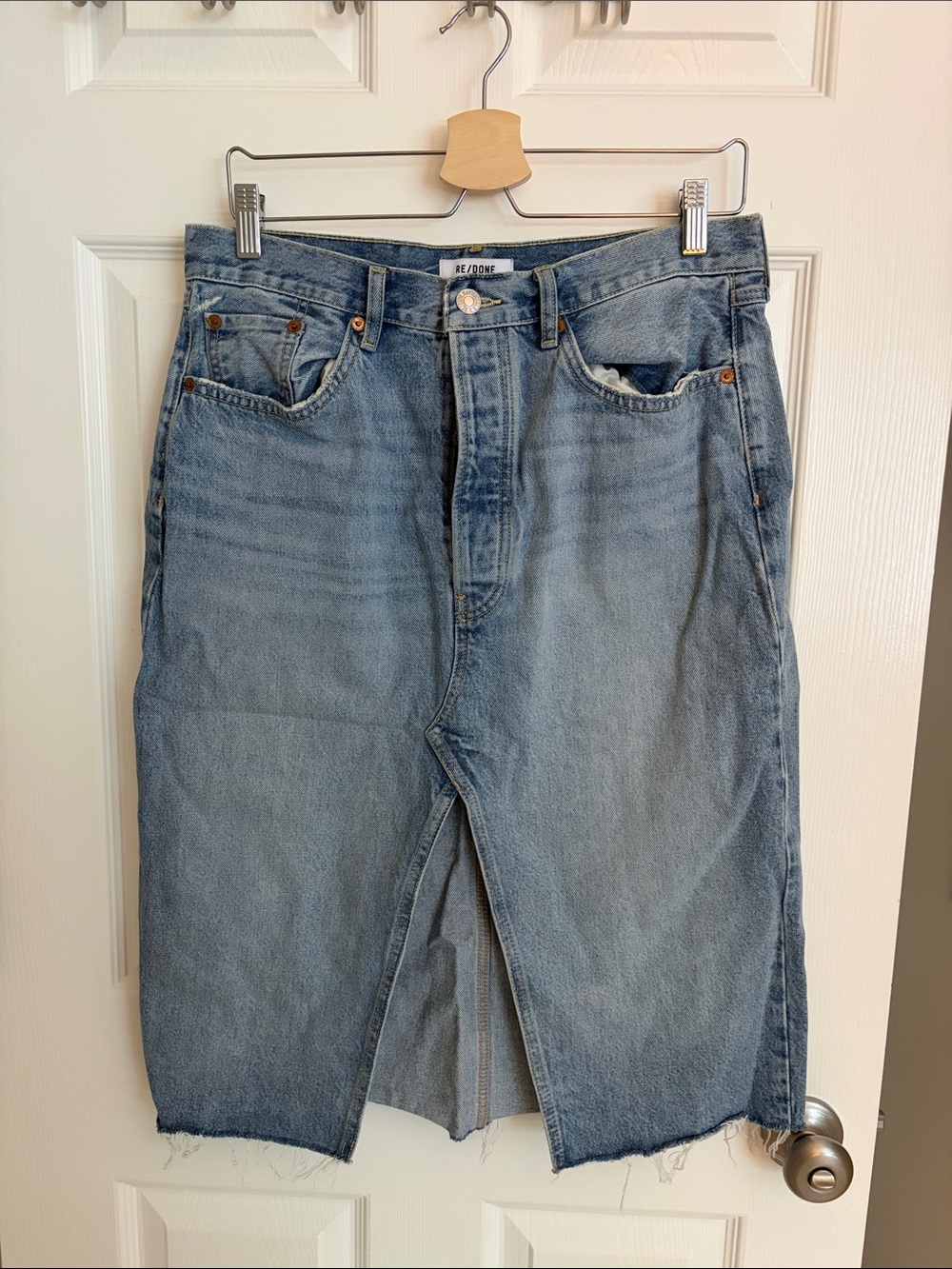 Re/Done Washed Blue Denim Front-Slit Midi Skirt